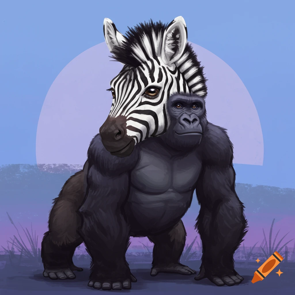 Creature with a zebra head and gorilla body standing in a landscape.