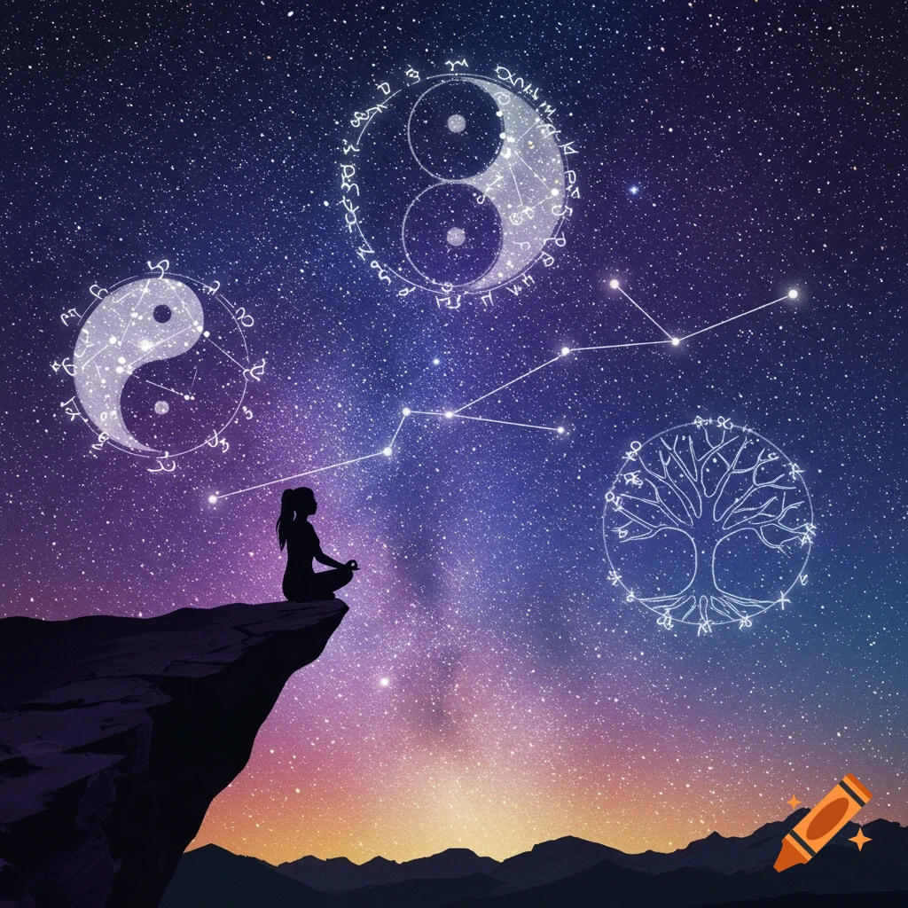 A silhouette meditating on a cliff under a starry sky with spiritual symbols like Yin-Yang and Tree of Life.