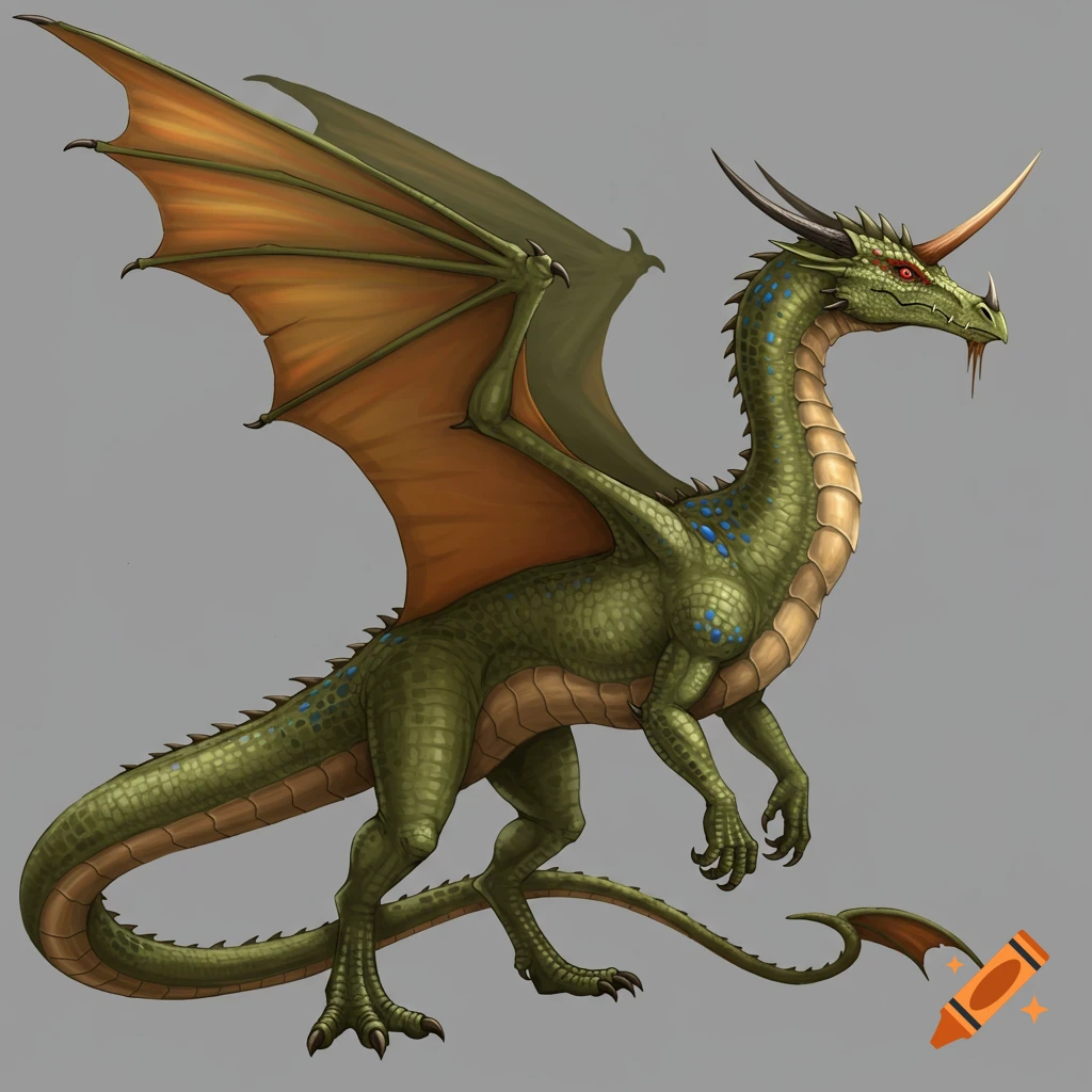 A green dragon with orange wings, one horn, blue dots, and red eyes