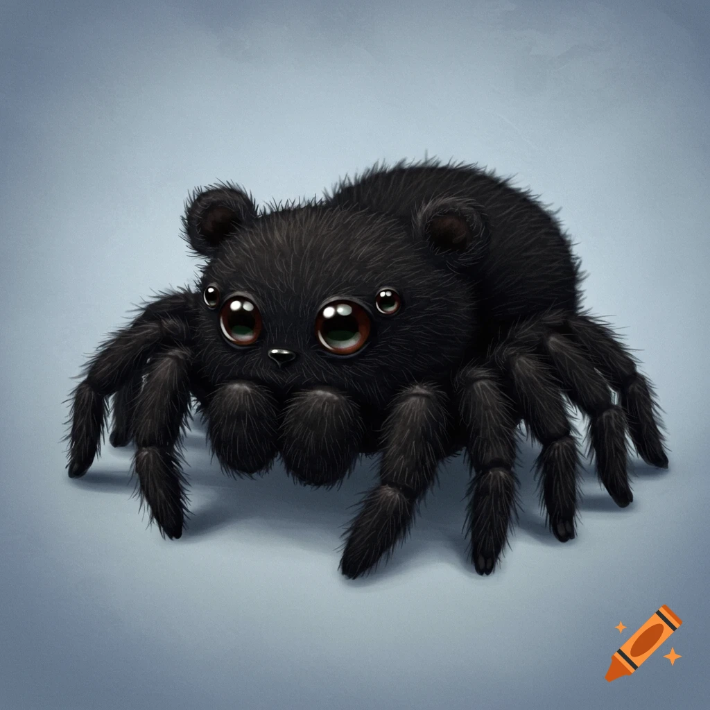 A cute furry black spider with large eyes.