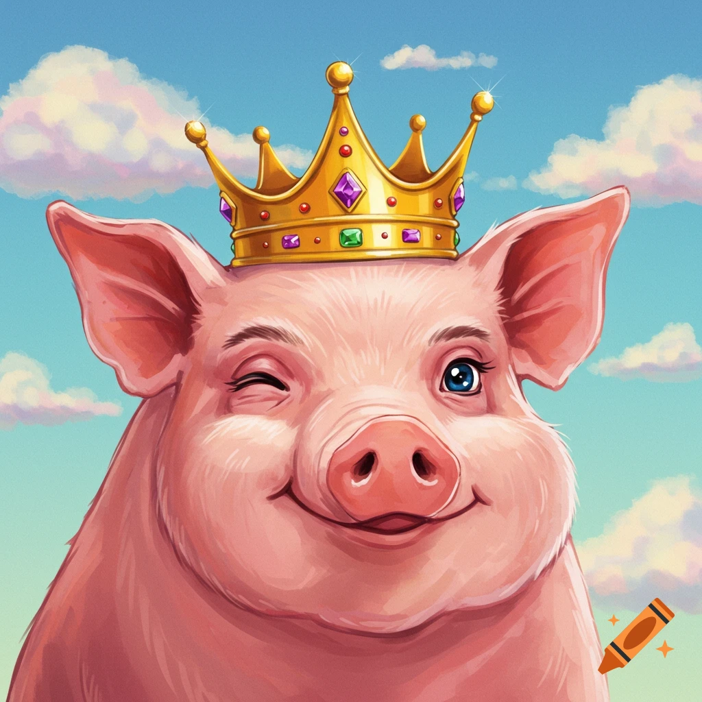 A winking pig wearing a golden jeweled crown against a cloudy sky.