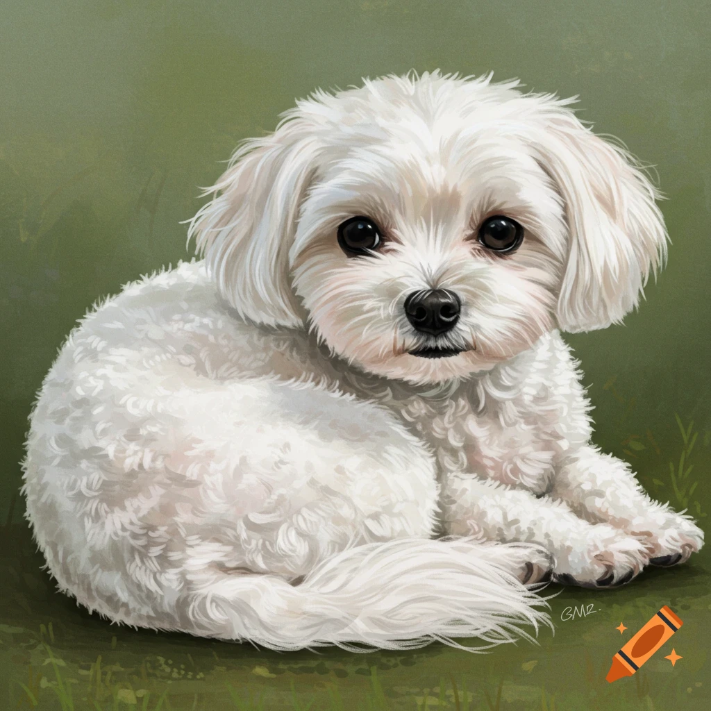 A white fluffy Maltese mix dog sitting on grass.