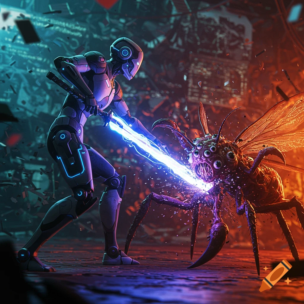 A robot with a glowing sword fights a large bug creature in a dark, futuristic city.