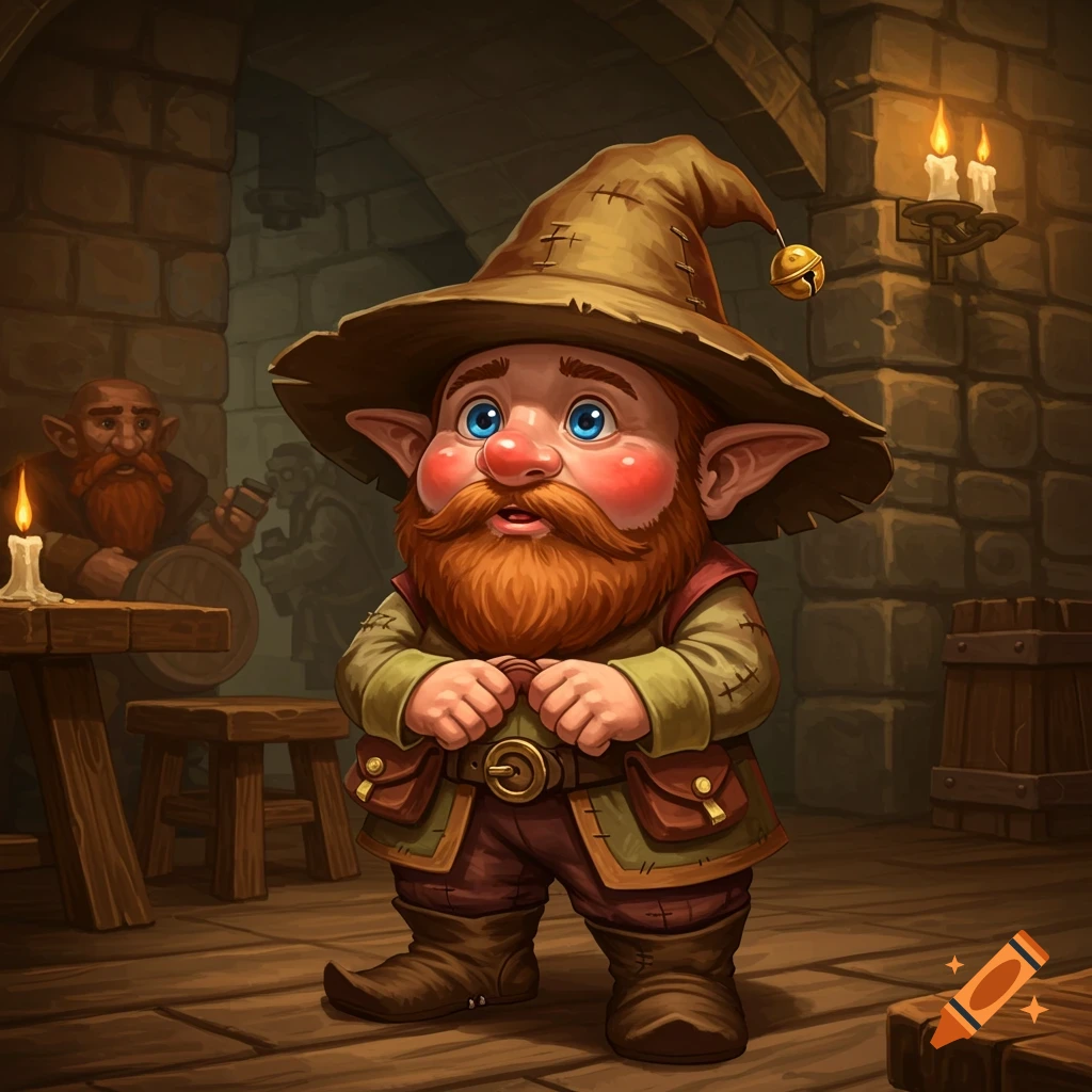 A whimsical image of a stout, rosy-cheeked gnome with a large hat standing in a dimly lit fantasy tavern.