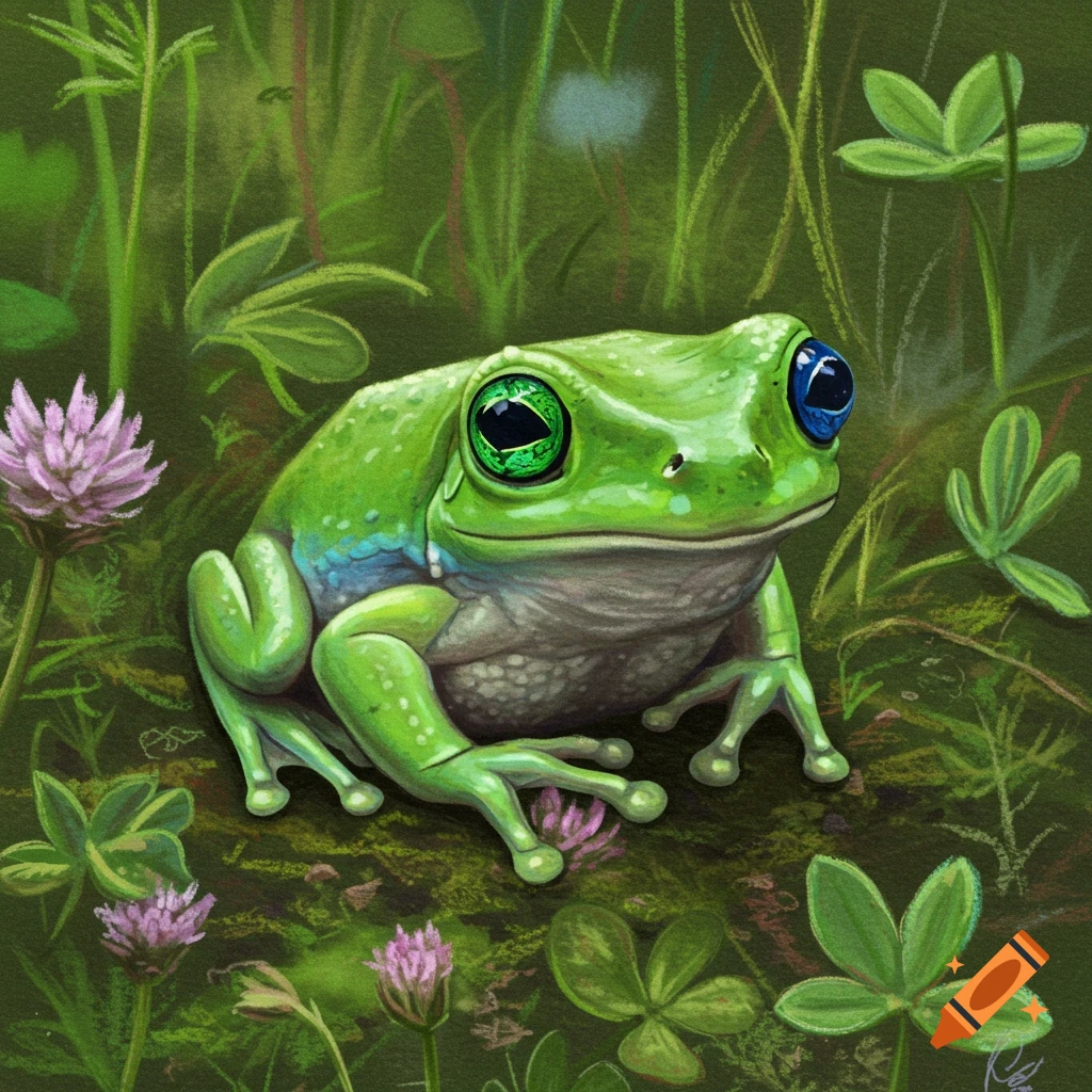 A high-detailed image of a frog with heterochromia sitting in grass and clover.