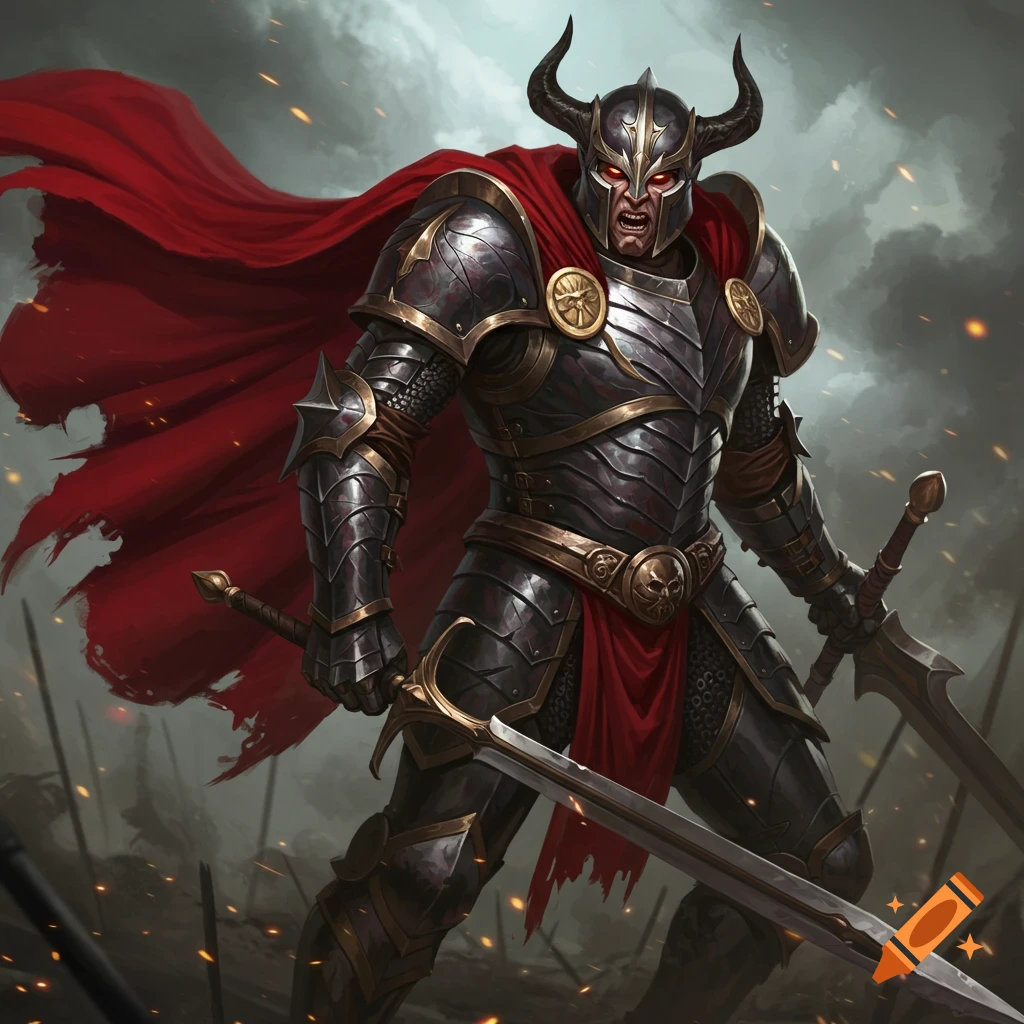 A fantasy warrior in dark horned armor and red cape stands on a battlefield, holding two swords.