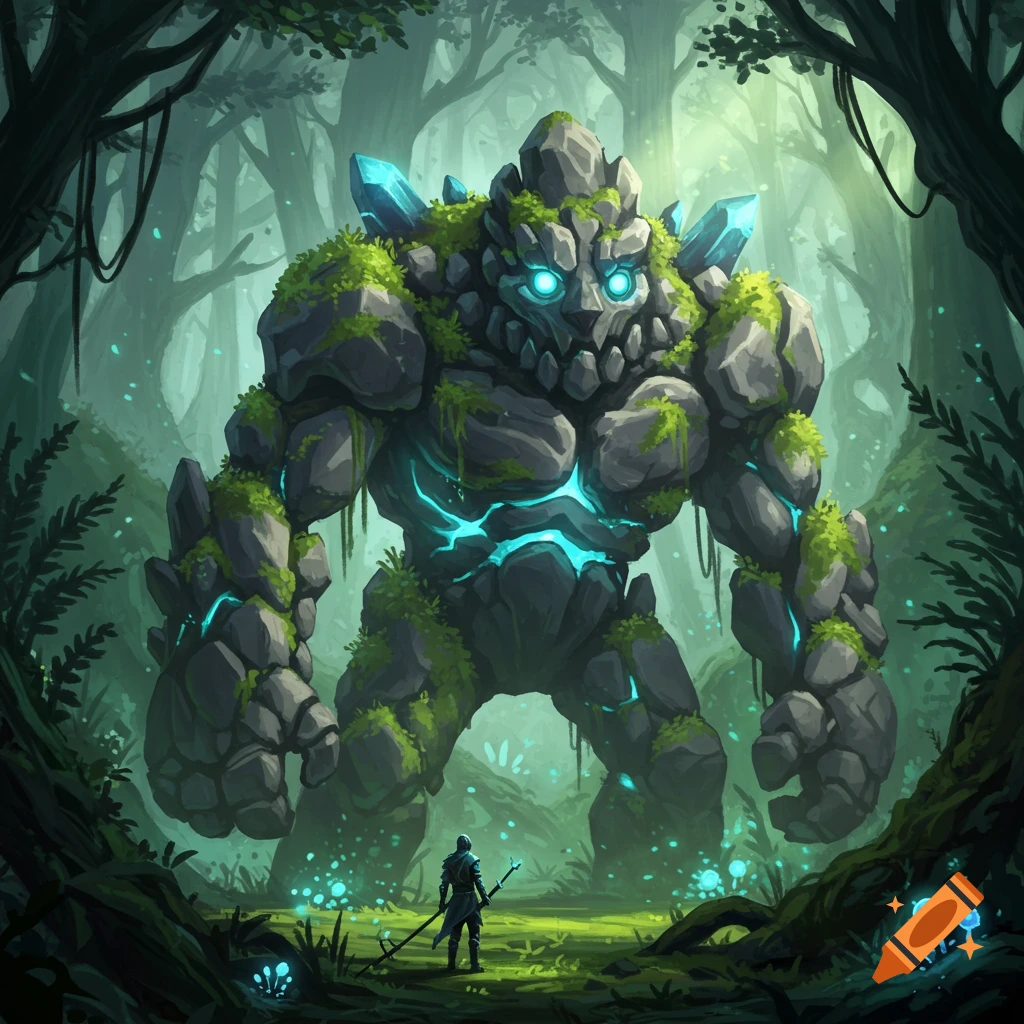 A large rock monster with glowing blue eyes faces a small figure in a mystical forest.