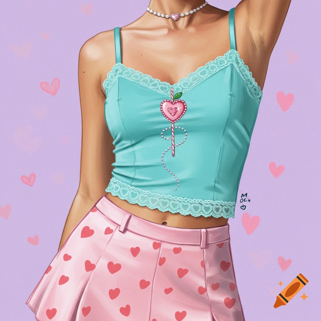 A woman is wearing a teal lace cami with a heart design and a pink skirt with red hearts.