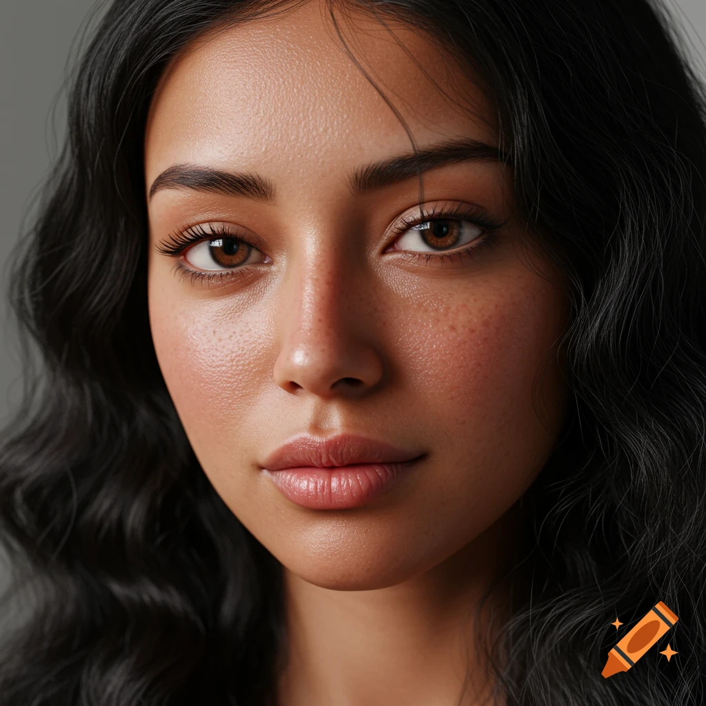 Close-up hyper-realistic portrait of a woman with freckles and wavy black hair looking forward.