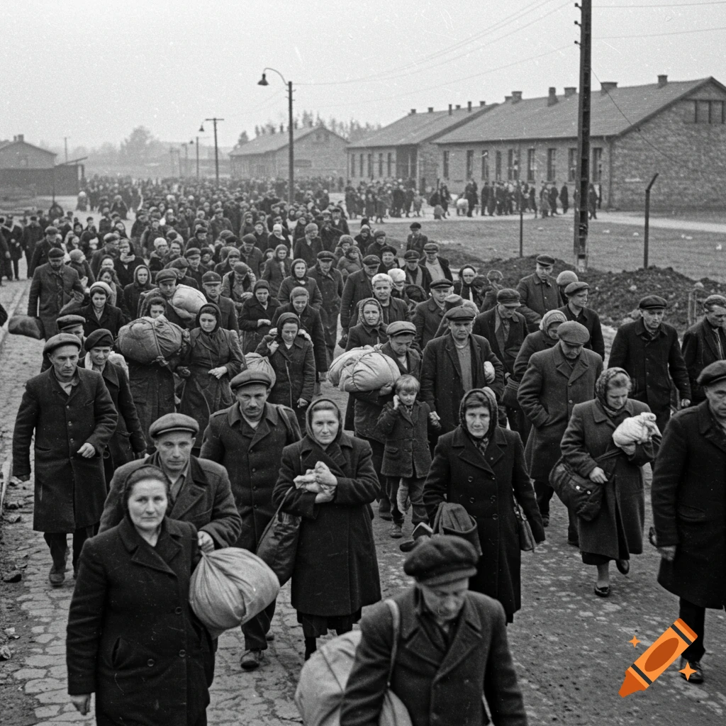 Black and white historical photo of a large group of people walking on a road towards buildings.