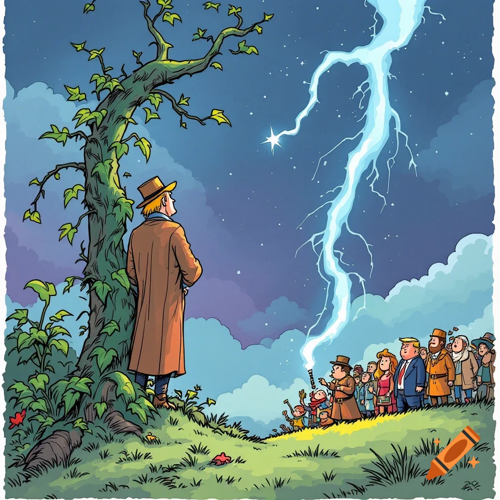 Cartoon of a man under a tree looking at lightning striking toward a crowd resembling Trump supporters.