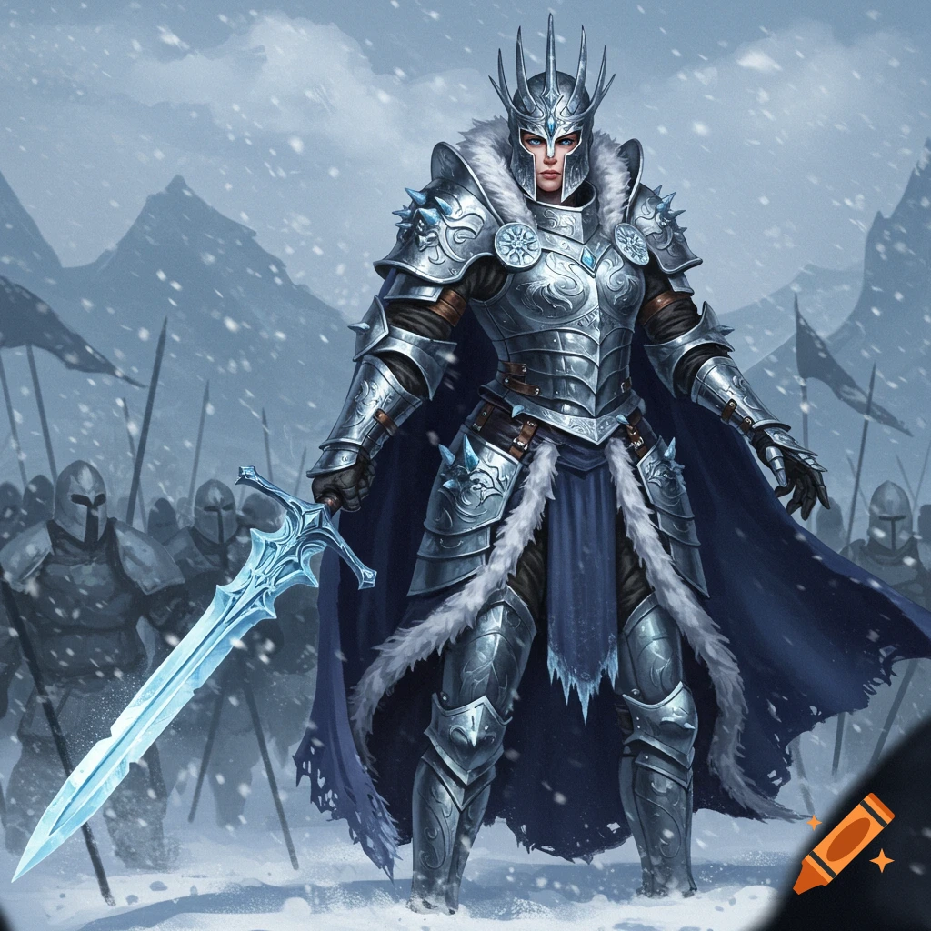 A Winter warrior queen in ornate armor holding a glowing sword in a snowy landscape.
