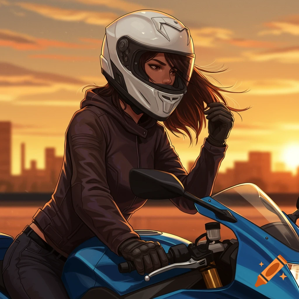 A woman in a helmet on a blue motorcycle at sunset.