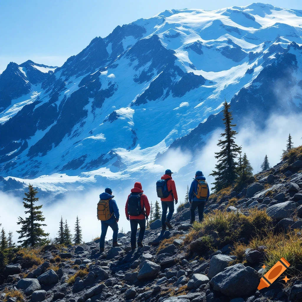 Hikers ascend a rocky mountain slope with a large snowy peak behind them under a blue sky.