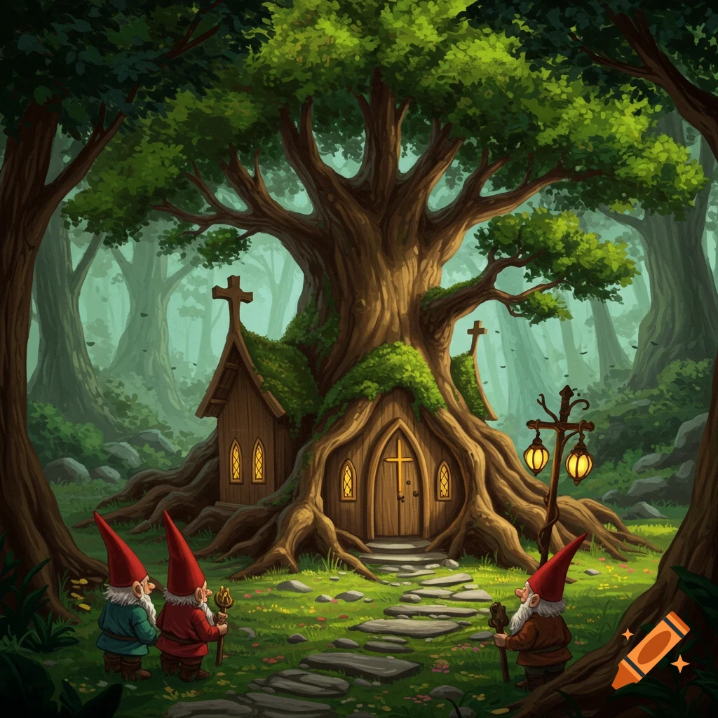 Gnomes approaching a church made from an ancient tree in a forest.