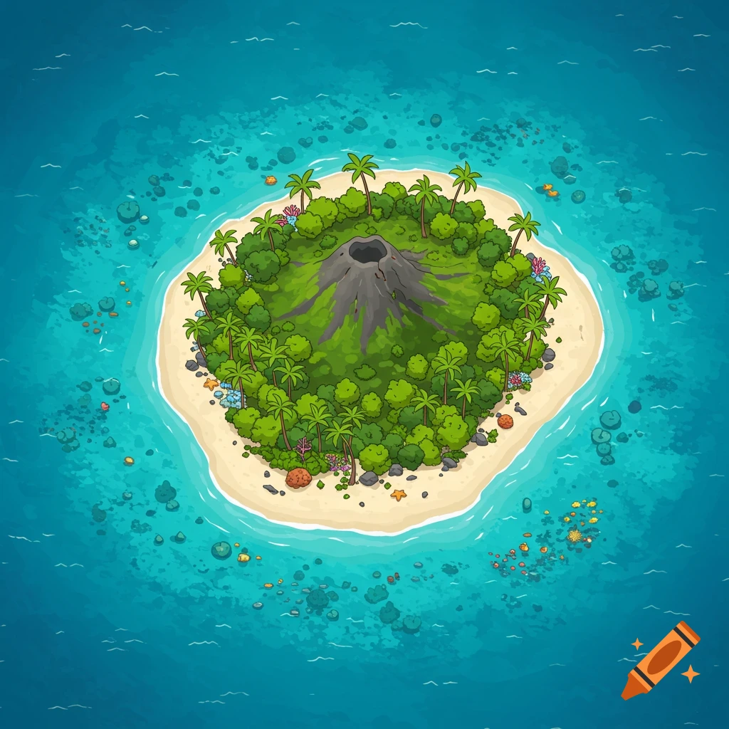 An aerial view of a cartoon tropical island with a volcano, surrounded by blue water.