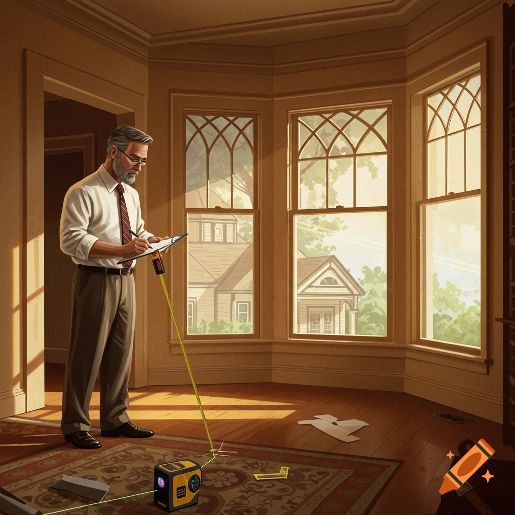Man measures a room with a laser tool and clipboard.