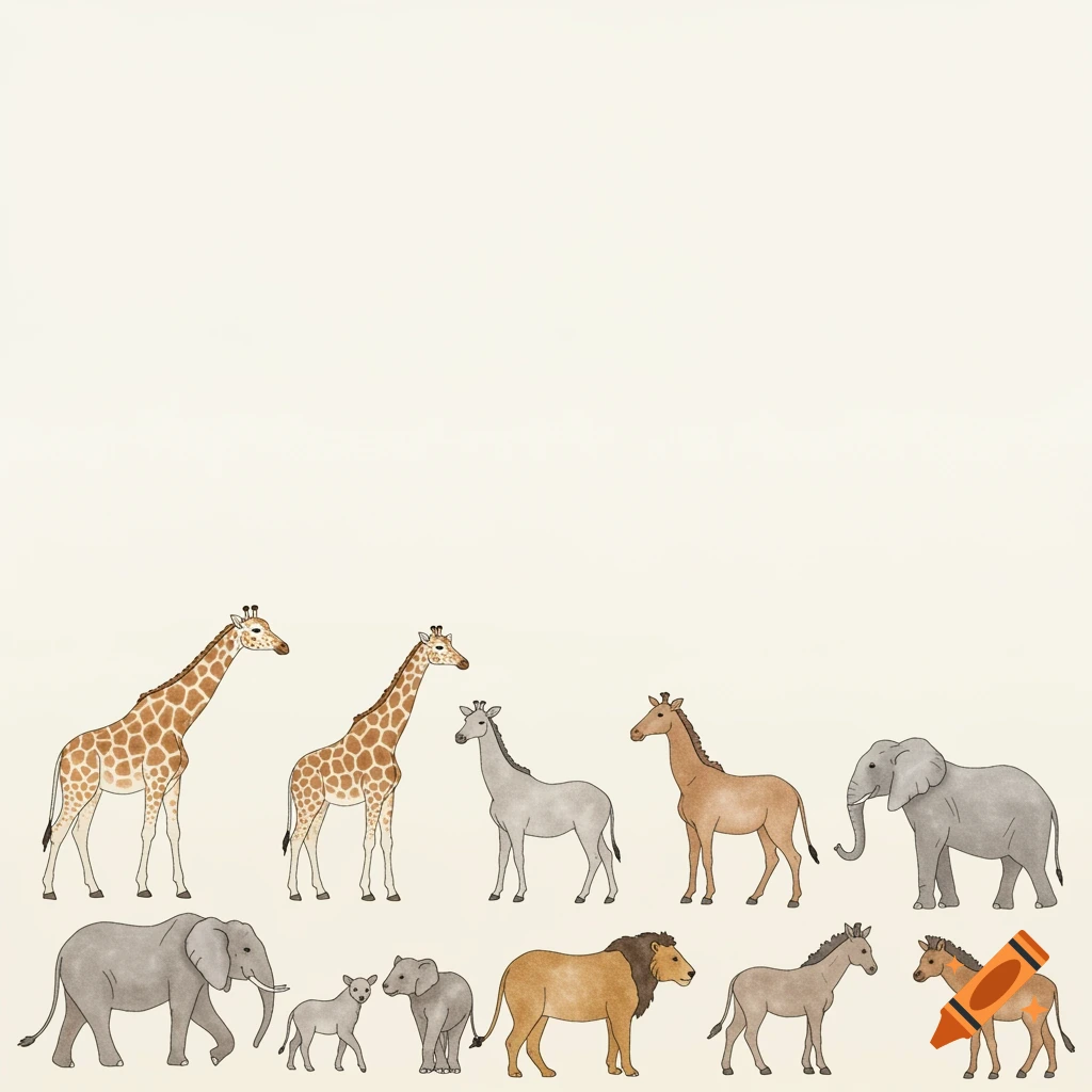 Illustration of a variety of safari animals lined up