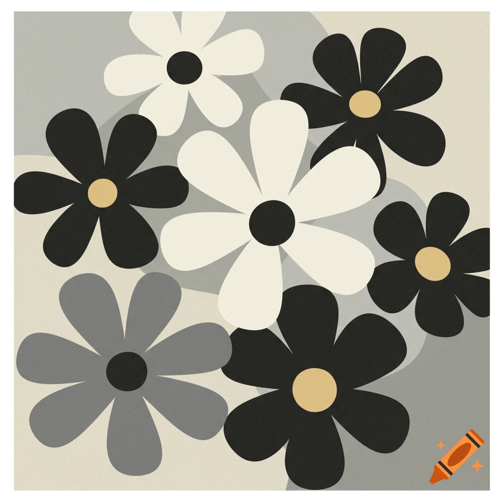 Abstract image of flowers in black, white, and gray vintage mod style.
