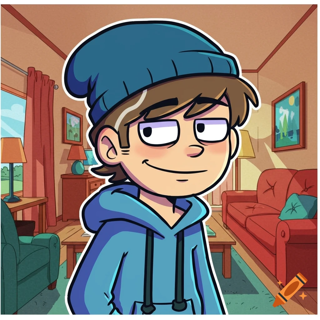 Cartoon boy in blue hoodie and beanie standing in a living room