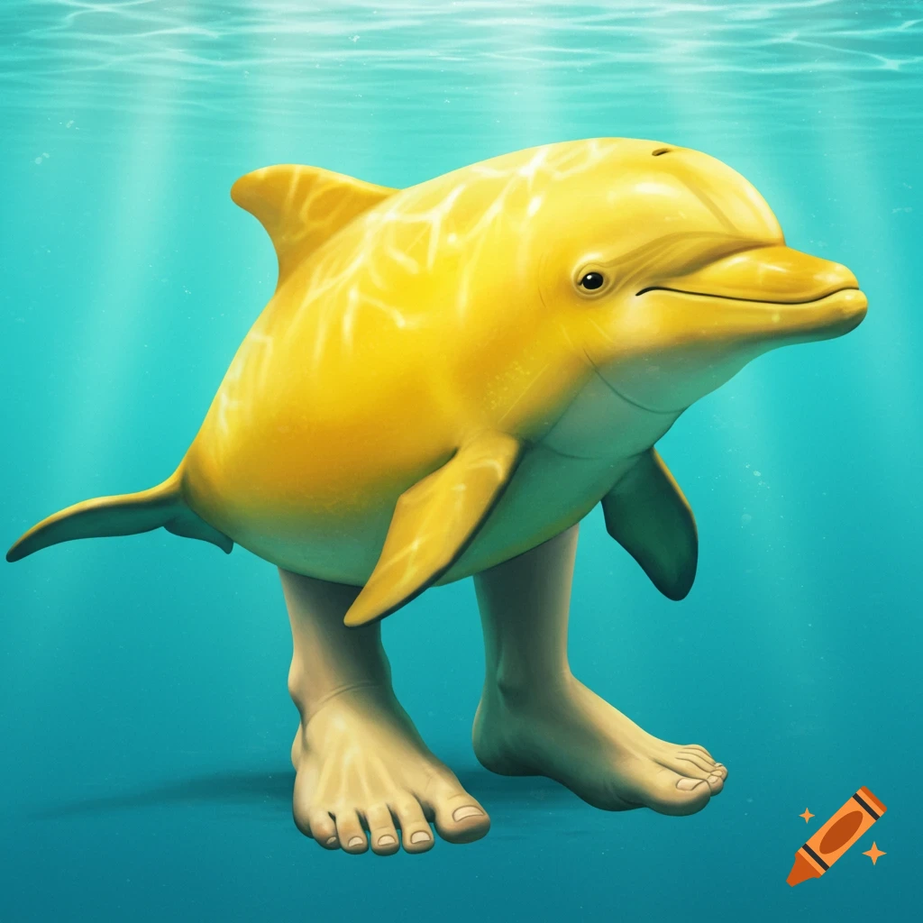 A golden dolphin with human feet stands on the ocean floor.