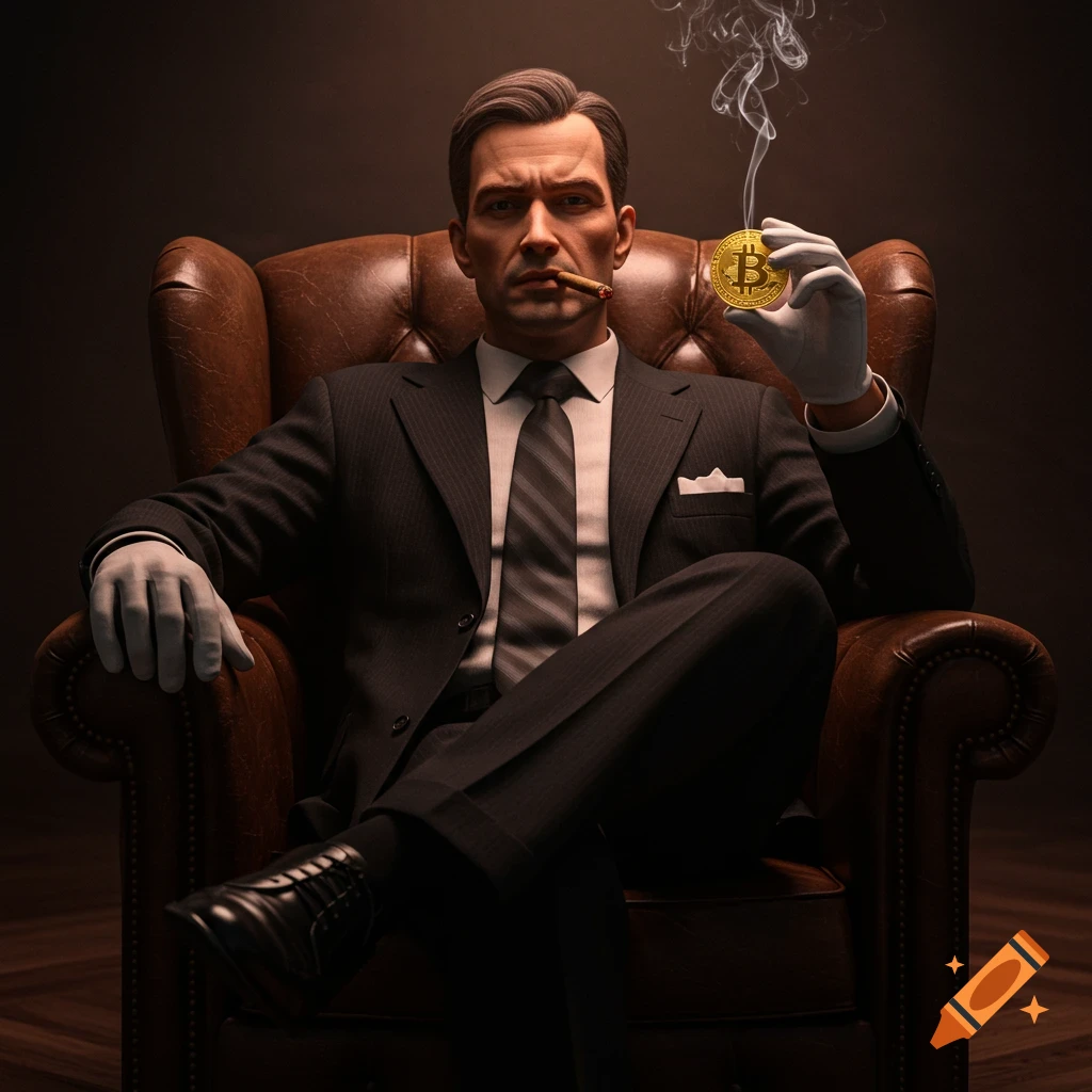 Photorealistic portrait of a man in a suit and gloves, smoking a cigar and holding a Bitcoin coin.