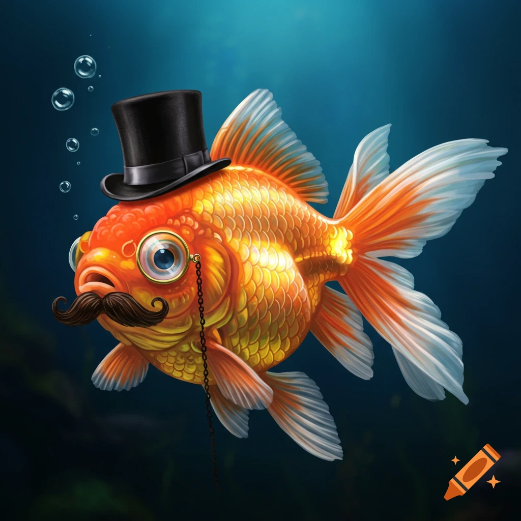 A goldfish wearing a top hat, mustache, and monocle underwater.