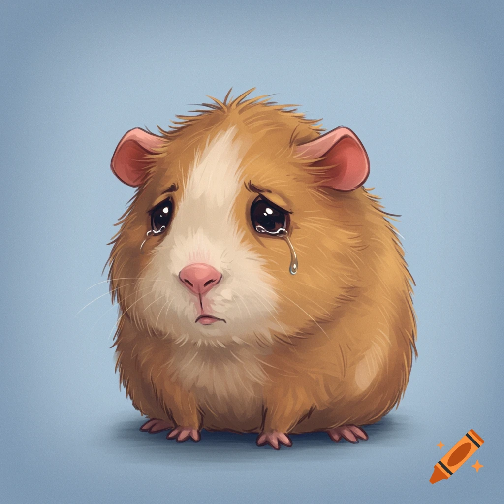A sad cartoon guinea pig with tears in its eyes.