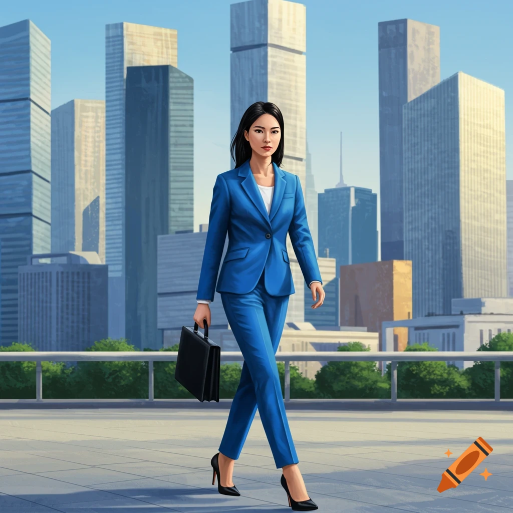 A young woman in a blue suit walks with a briefcase in front of a city skyline.