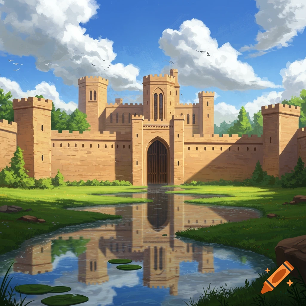 A fantasy castle with a reflective pond, surrounded by grassy hills and trees under a cloudy sky.