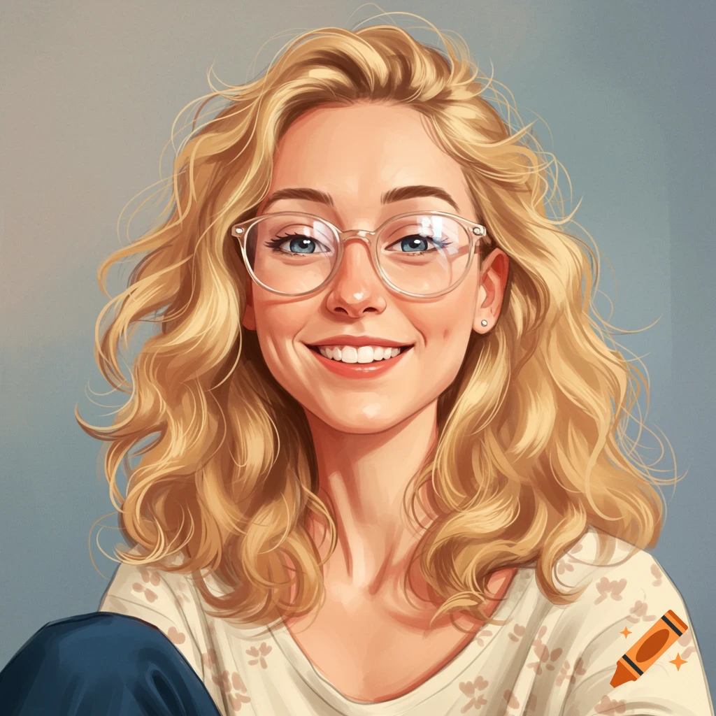 A smiling woman with blonde curly hair and glasses, wearing a floral shirt.