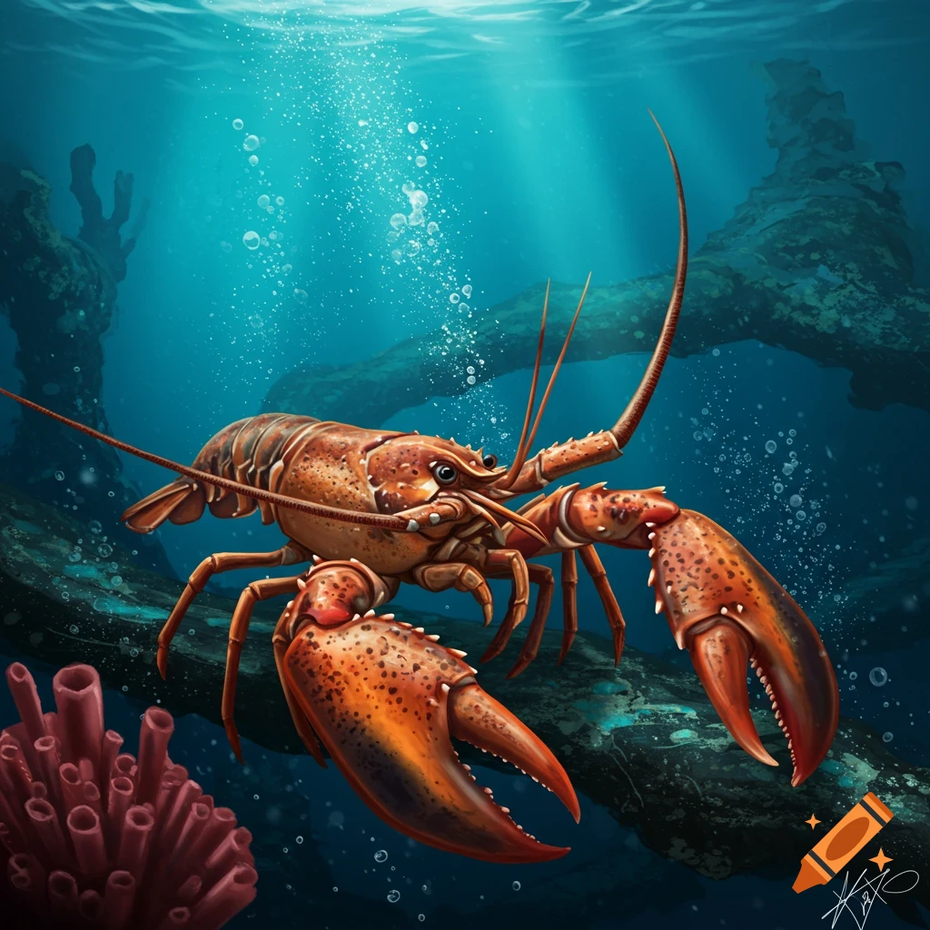 A large red lobster walking on the seabed underwater with bubbles rising.