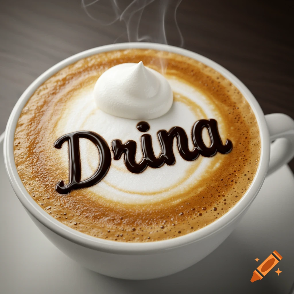 Close-up of a coffee cup with latte art featuring the name Drina written in chocolate.