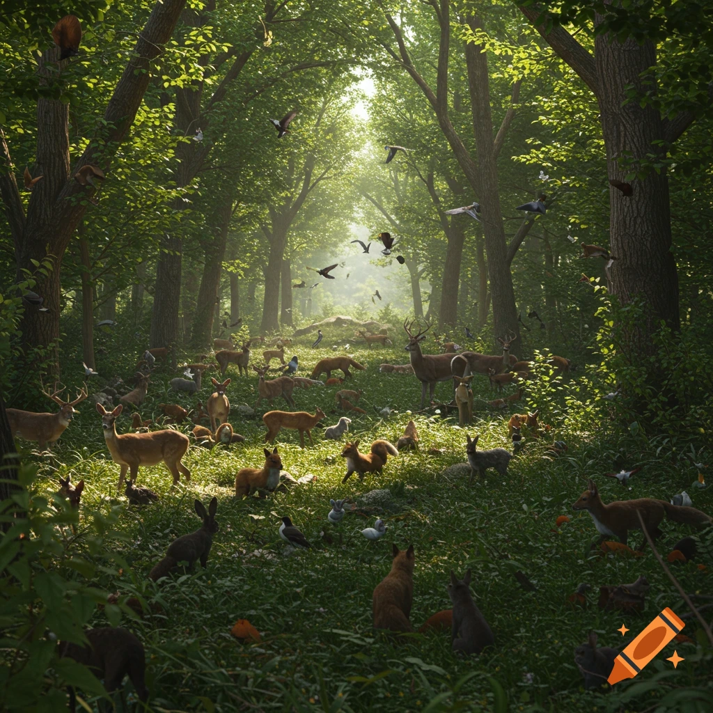 Photorealistic image of a forest scene with deer, foxes, squirrels, rabbits, and birds filling the undergrowth and trees.