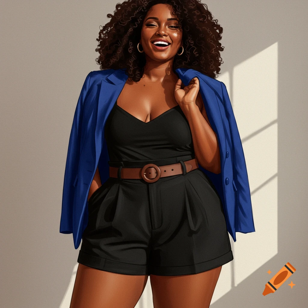 A smiling plus sized woman is wearing black shorts, a camisole, a blue blazer, and a belt.
