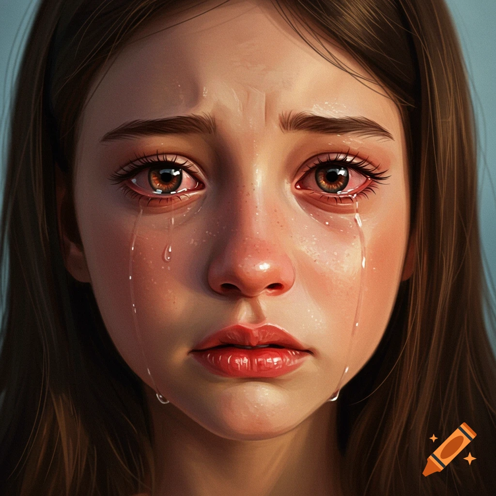 Close-up of a young girl crying with tears streaming down her face.