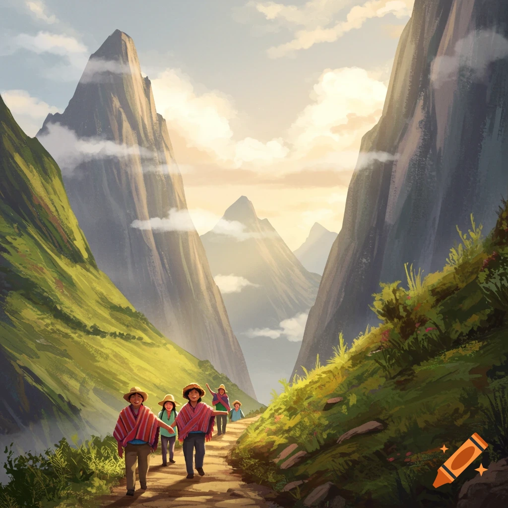 Hikers on a mountain path surrounded by tall green mountains under a cloudy sky.