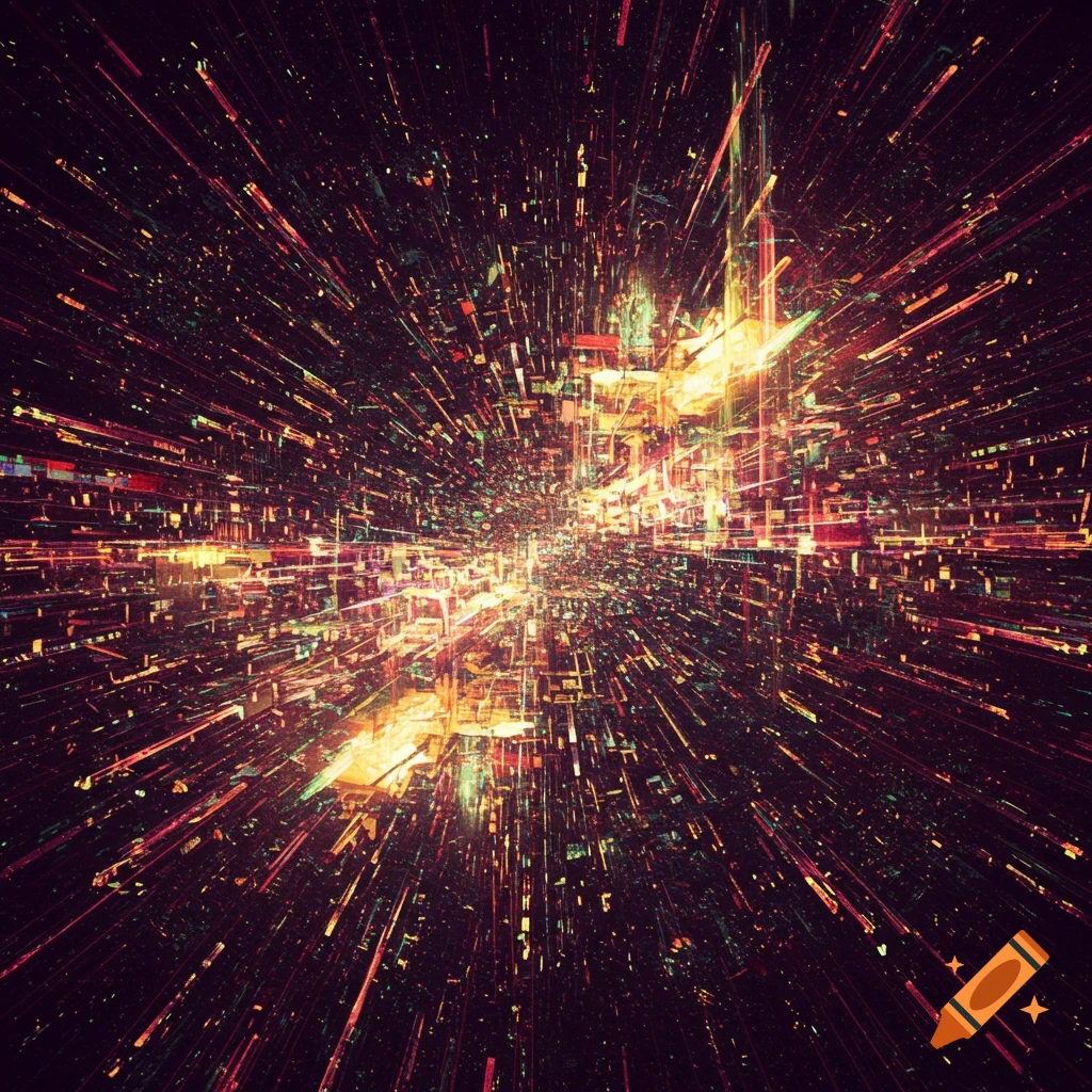 Abstract composition of chaotic light trails and geometric shapes radiating outwards against a dark background.
