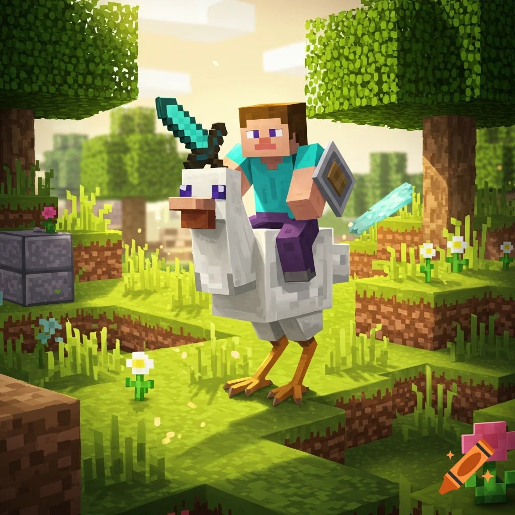A Minecraft character rides a chicken through a blocky landscape.