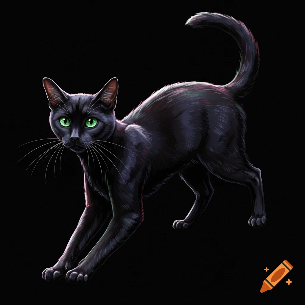 Black cat stretching with green eyes against a black background.