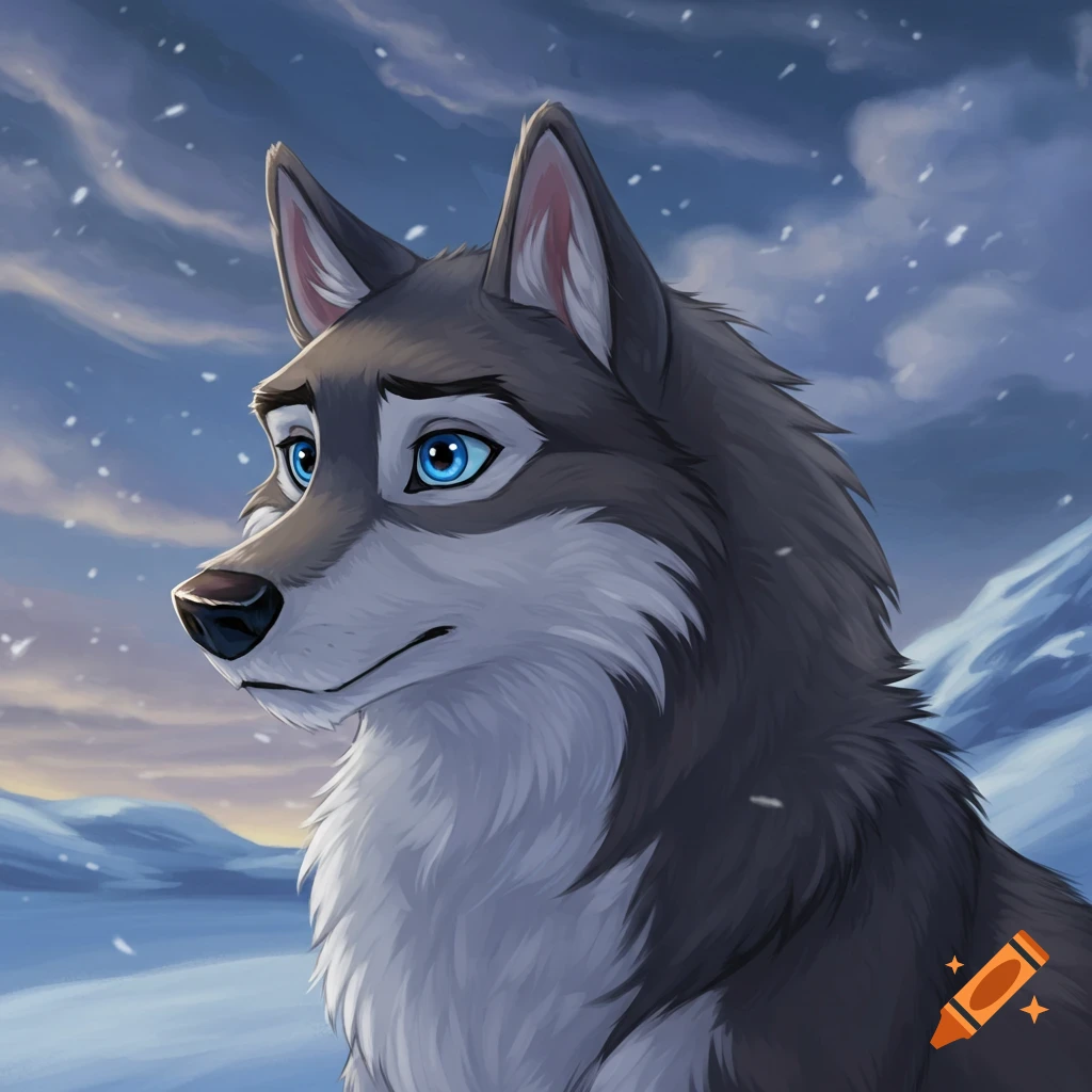 Cartoon wolf with blue eyes in a snowy mountain landscape.
