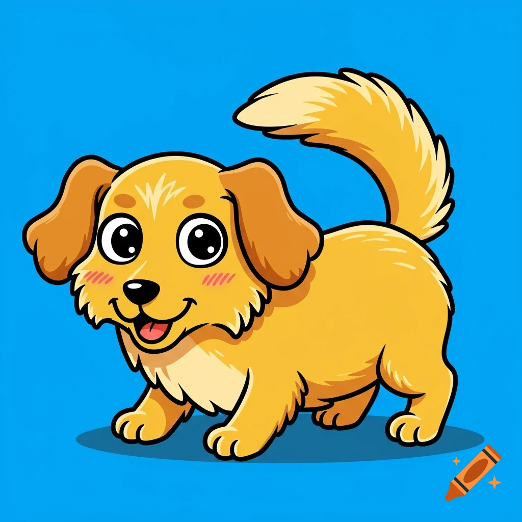 Cartoon of a happy golden dog on a blue background.