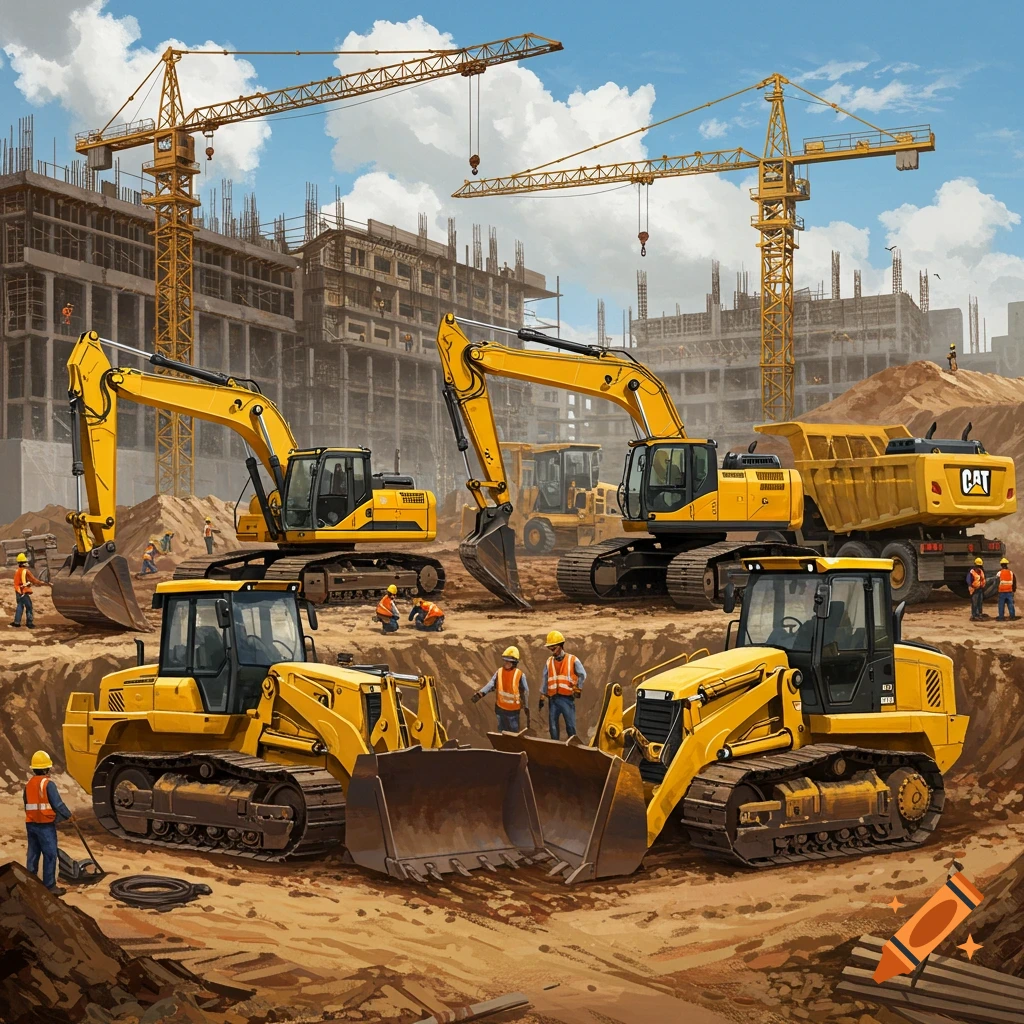 Yellow construction equipment and workers are on a construction site with cranes.