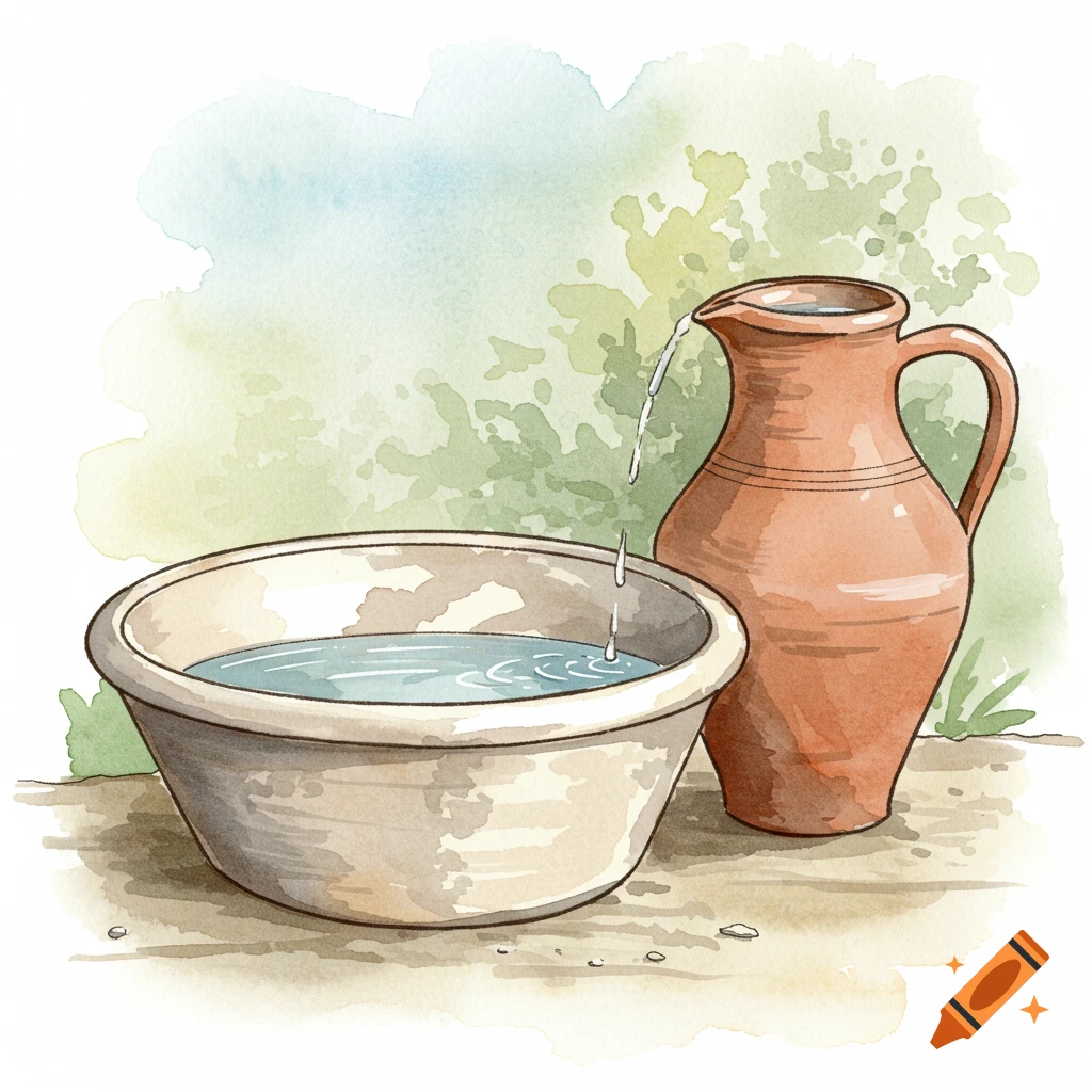 Watercolor illustration of a clay jug pouring water into a basin.