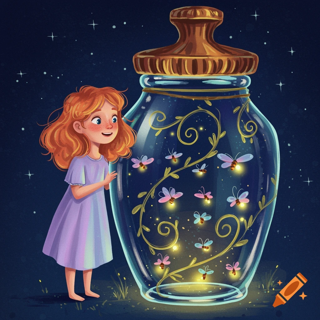A whimsical image of a young girl looking at fireflies in a large glass jar at night.