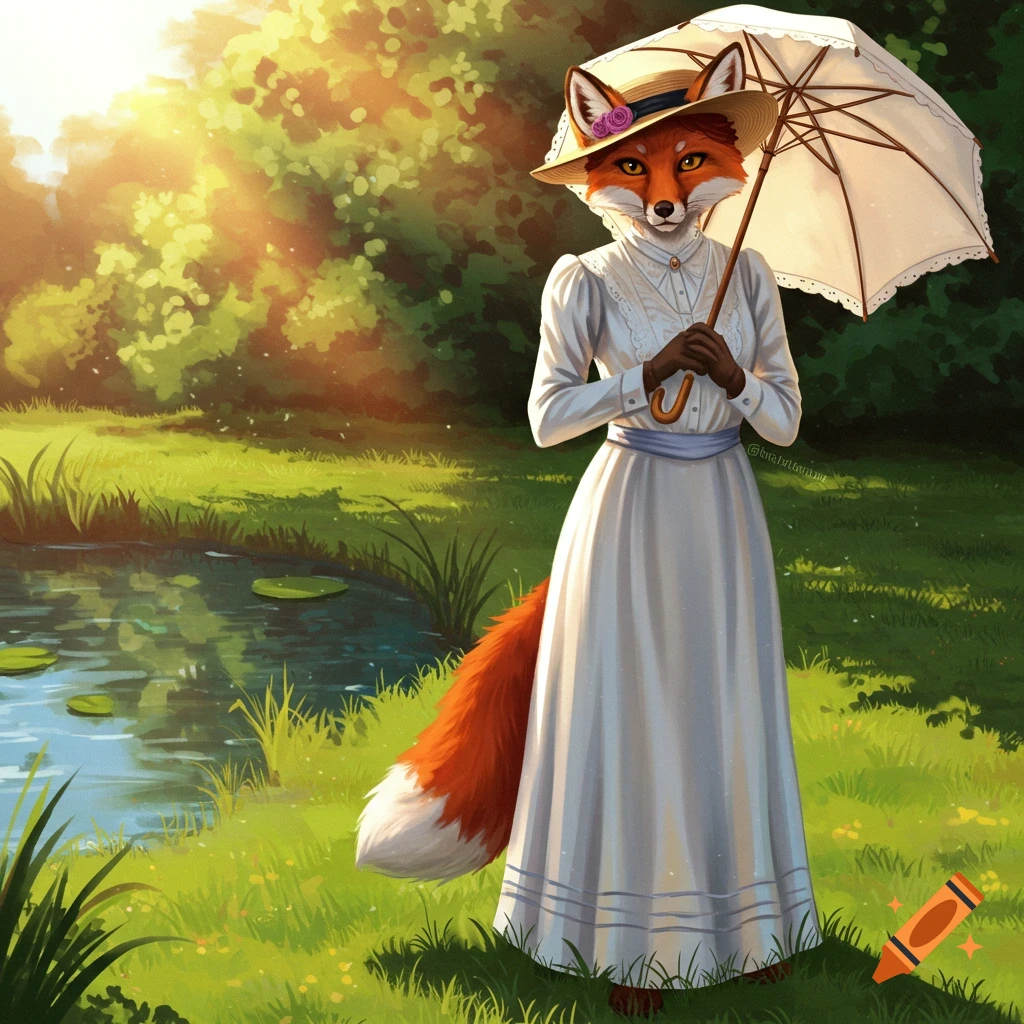 An anthropomorphic red fox woman in an Edwardian dress and hat stands in a sunny garden holding a parasol.