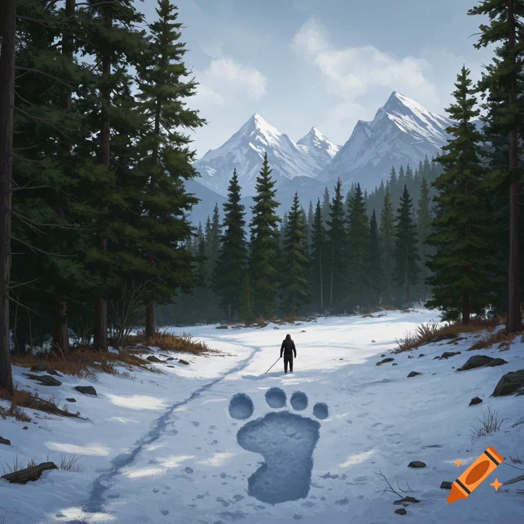 A person walks a snowy path through a forest towards mountains, passing a giant footprint.