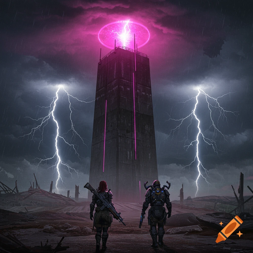 Two figures in armor face a tall tower glowing pink amidst lightning storms in a desolate wasteland, dramatic sci-fi illustration.