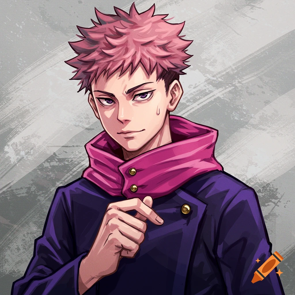 Anime style portrait of Yuji Itadori with pink hair, wearing a purple jacket and pink scarf, making a hand gesture.