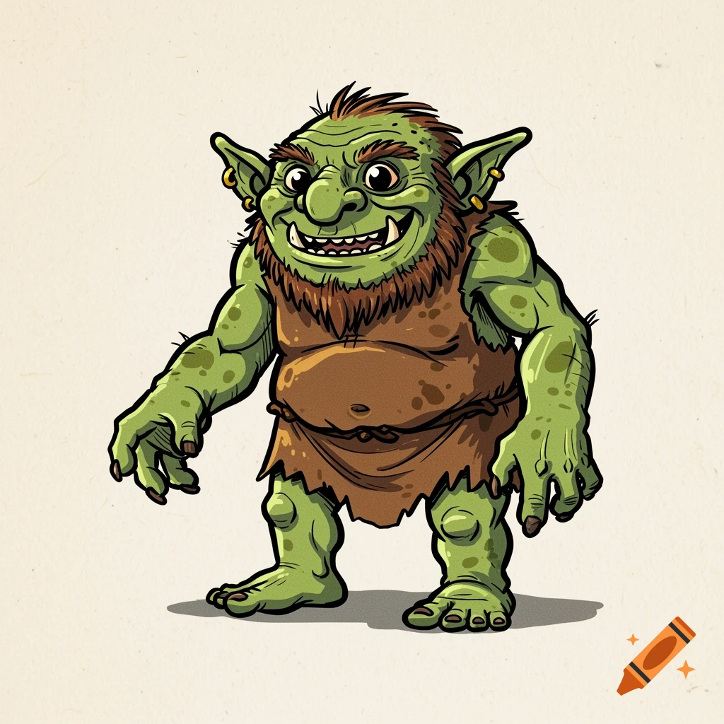 A hand-drawn cartoon illustration of a green troll with a beard and grin.